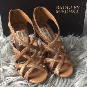 Badgley Mischka rose gold glitter heels
